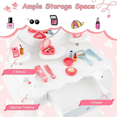 Miniatura 4 de HONEY JOY Vanity - Juego de mesa y silla de maquillaje de madera para niños, 10 piezas de accesorios de vestidor, espejo de princesa de tres