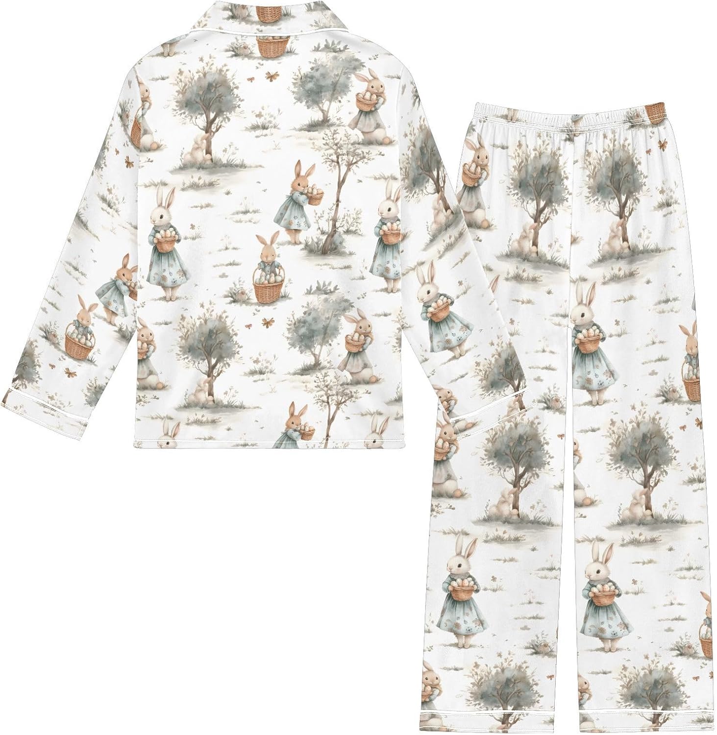 senya Watercolor Cute Bunnies 1 Satin Pajama Sets Long Sleeves Nightwear Button Down Sleepwear