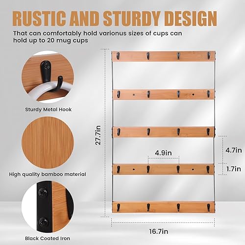 Miniatura 4 de Aomomery Estante para tazas de café, soporte rústico para tazas de café, soporte de pared de bambú con 20 ganchos organizadores de tazas, gran