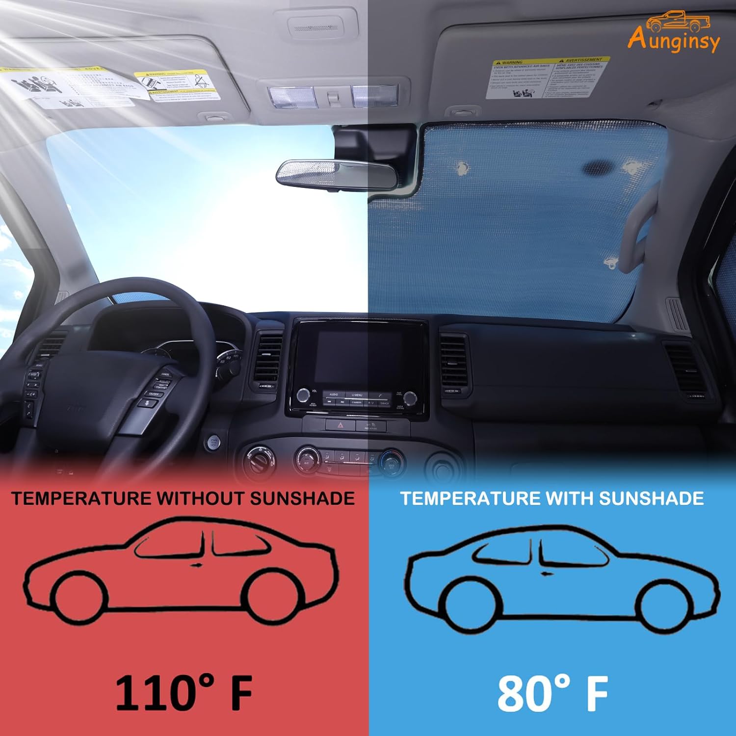 Aunginsy Car Full Windshield Sunshade Compatible with Nisan Frontier 2022-2024 Automotive Windshield Sunshades Foldable Reflective Sun Visor for UV Rays/Sun Heat Full Protect Car Interior Accessories