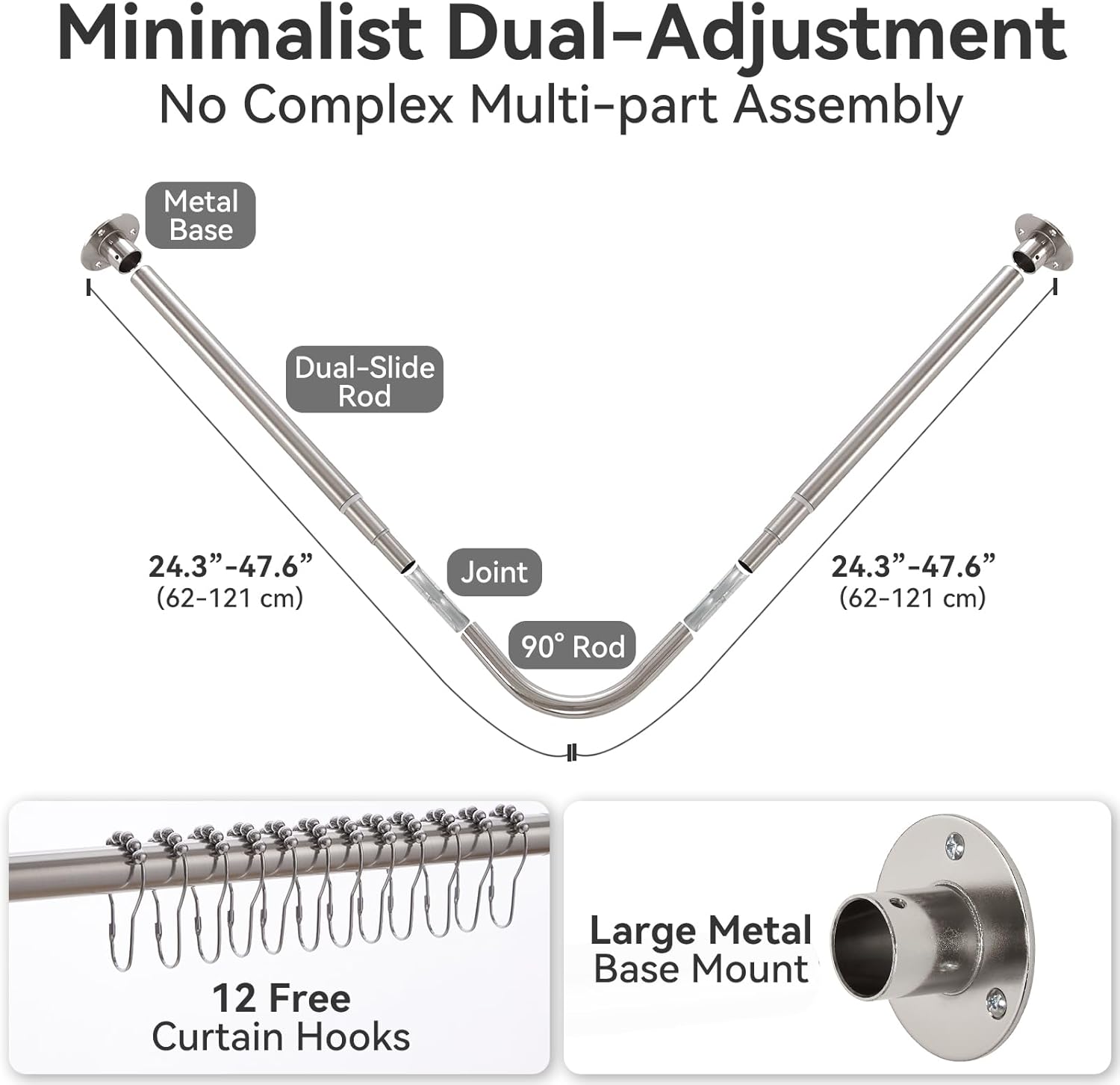 L Shaped Corner Shower Curtain Rod, Adjustable [24.3" - 47.6"] x [24.3" - 47.6"] 90 Degree Dual-Slide Shower Curtain Rod with 12 Hooks & Ceiling Support for Bathroom Bathtub - Brushed Nickel