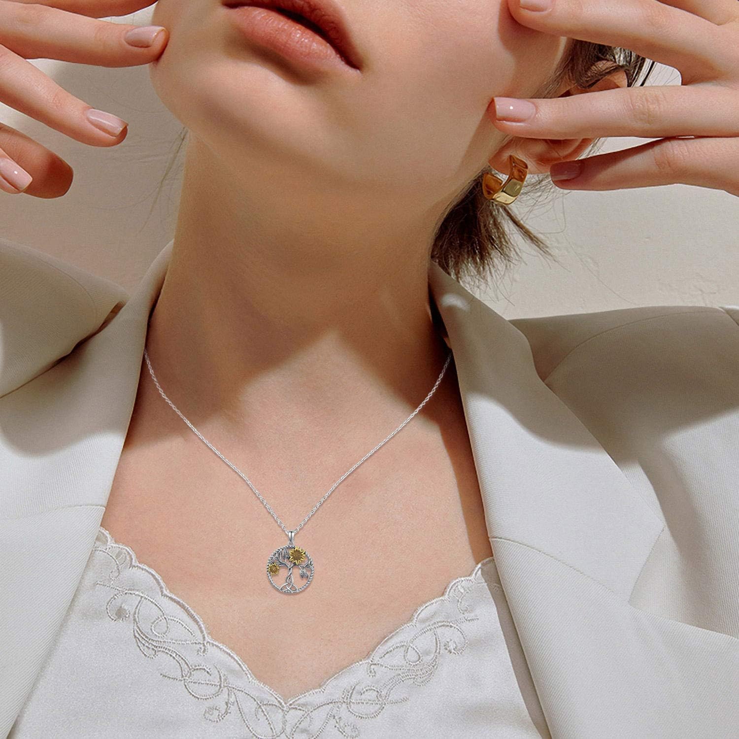 CHENGHONG Sunflower Necklace 925 Sterling Silver Tree of Life Necklace Daisy/Rose/Sunflower Pendant Necklace Sunflower Jewelry Gifts for Women Mom - Image 6
