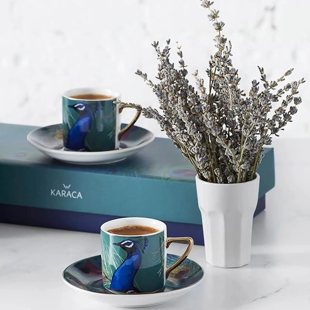 Karaca Peacock Coffee Cups Set with Saucer for 4 People, Espresso Set Made of Porcelain, Mocha Cups, Turkish Coffee, Robust Mocha Cup, Thick Drinking Rim and Espresso Cups
