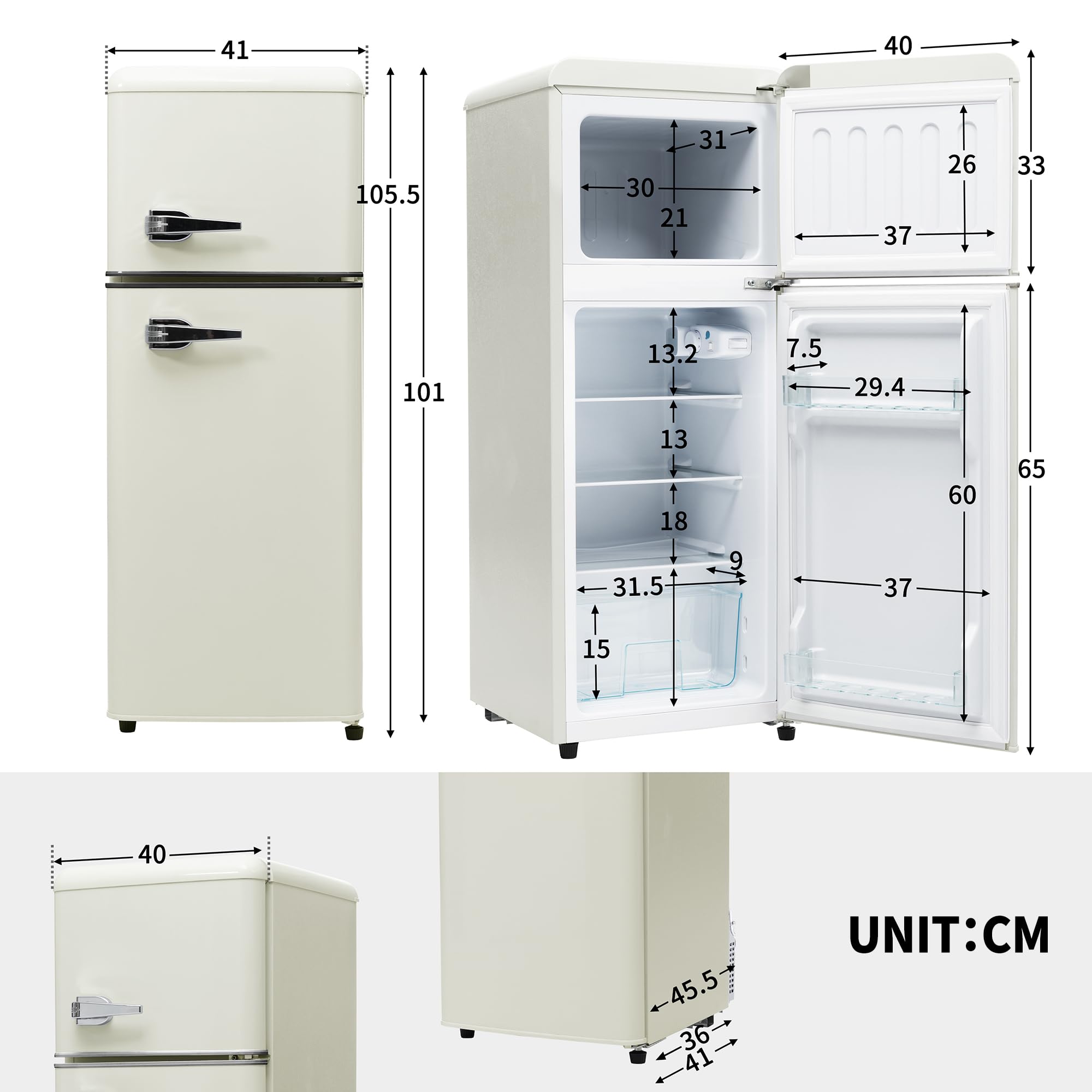 Merax Réfrigérateur à deux portes 92 litres - Congélateur 28 l - 105,5 cm de hauteur - LED - Étagères en verre réglables - 116 kWh/an - Silencieux 45 dB - Compact et économe en énergie - Pour cuisine