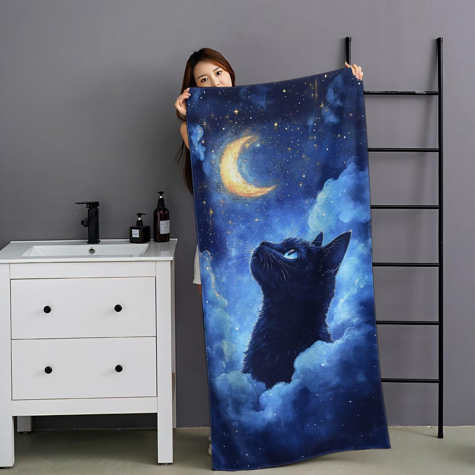 Ręcznik plażowy, księżyc, mikrofibra, 100 x 220 cm, kot, 2 sztuki, szybkoschnący, ultra cienki, lekki, kompaktowy, z torbą, dla kobiet i mężczyzn, na kemping, fitness, urlop, YJ-927