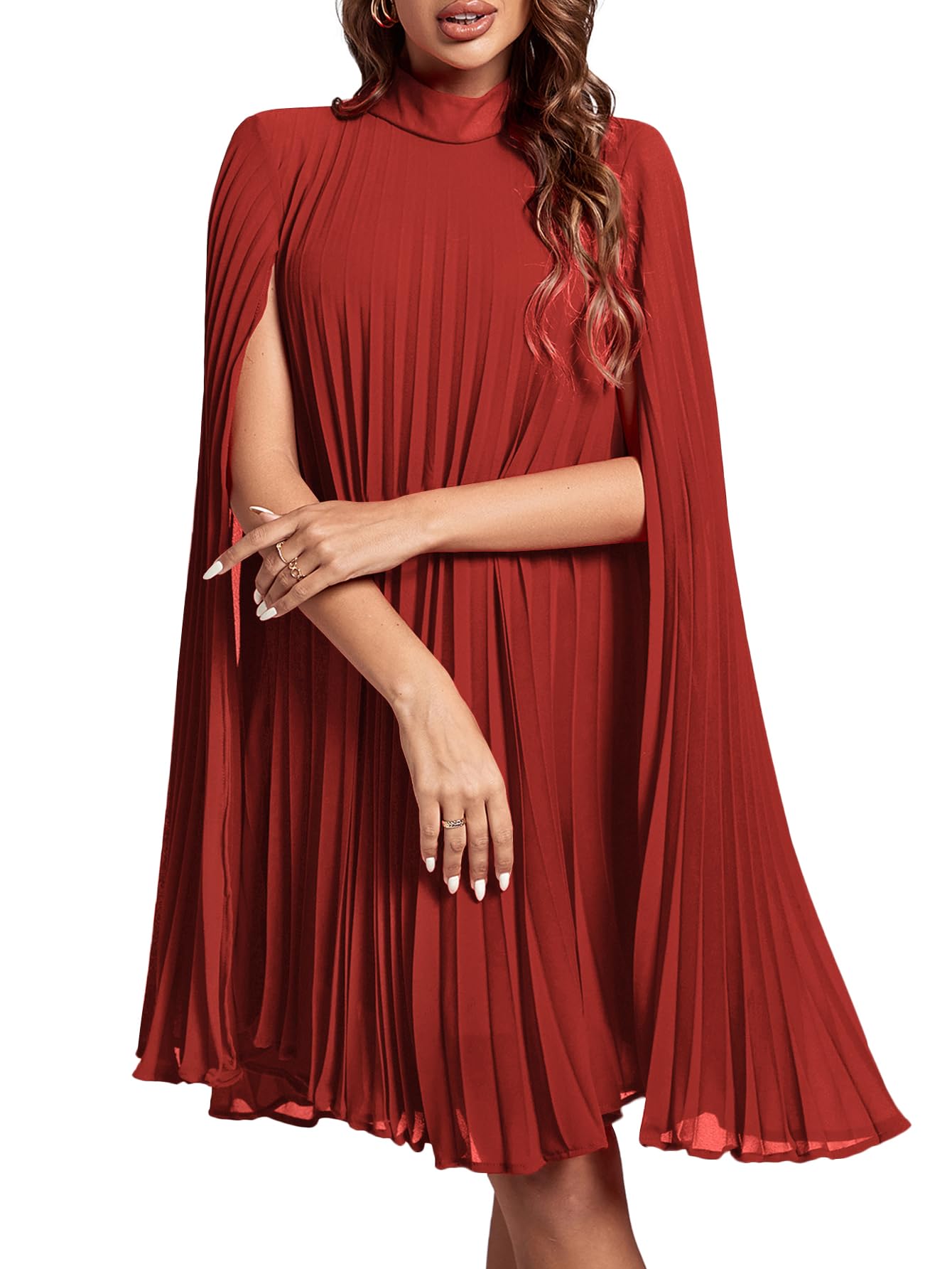 Photo 1 of Rooscier Women's Mock Neck Cloak Sleeve Pleated Keyhole Back Flowy Party Midi Dress New Red Small