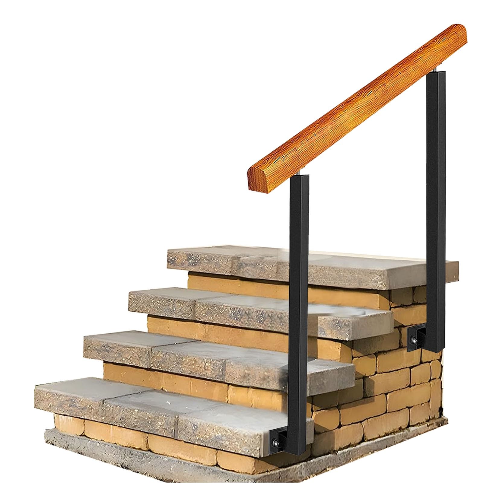 Rambarde en bois massif escalier extérieur 110 cm à 2 ou 5 marches avec 2 poteaux fer forgé