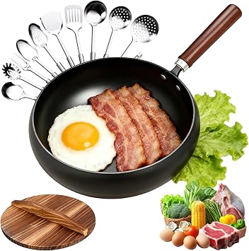 Uncoated Thick Iron Pot, Even Heating Non-Stick Japanese Wok Pan with Lid, Hand-Forged Japanese Cast Iron Wok with Spatula, Cast Iron Pot for Induction, Gas & Electric Cooktops 24cm-Wooden