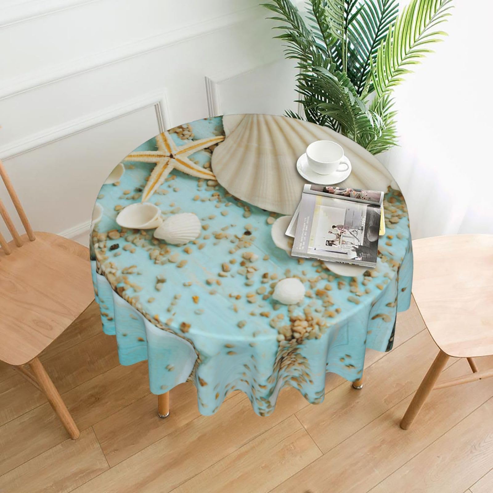 Uusnwaa Ocean Sea Beach Seashells Starfish Blue Print Round Tablecloth 60 Inch, Stain Wrinkle Resistant Washable Polyester Table Cover For Kitchen Party