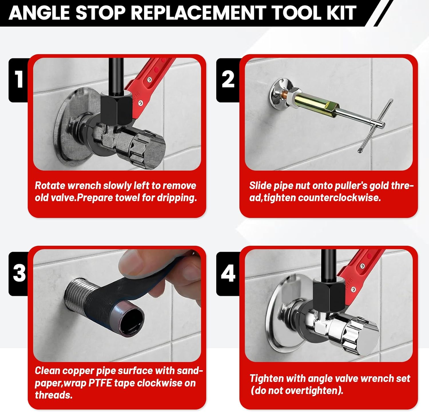 6 Pcs Plumbing Tools Kit with Angle Stop Wrench & 1/2-Inch Compression Sleeve Puller, Professional Plumbers Wrench, Sandpaper and Storage Bag for Frozen/Corroded Angle Stop Valves