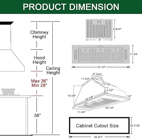 Miniatura 4 de Akicon Inserto de campana extractora de 36 pulgadas, inserto de conducto de acero inoxidable ultra silenciosocampana de ventilación de cocina