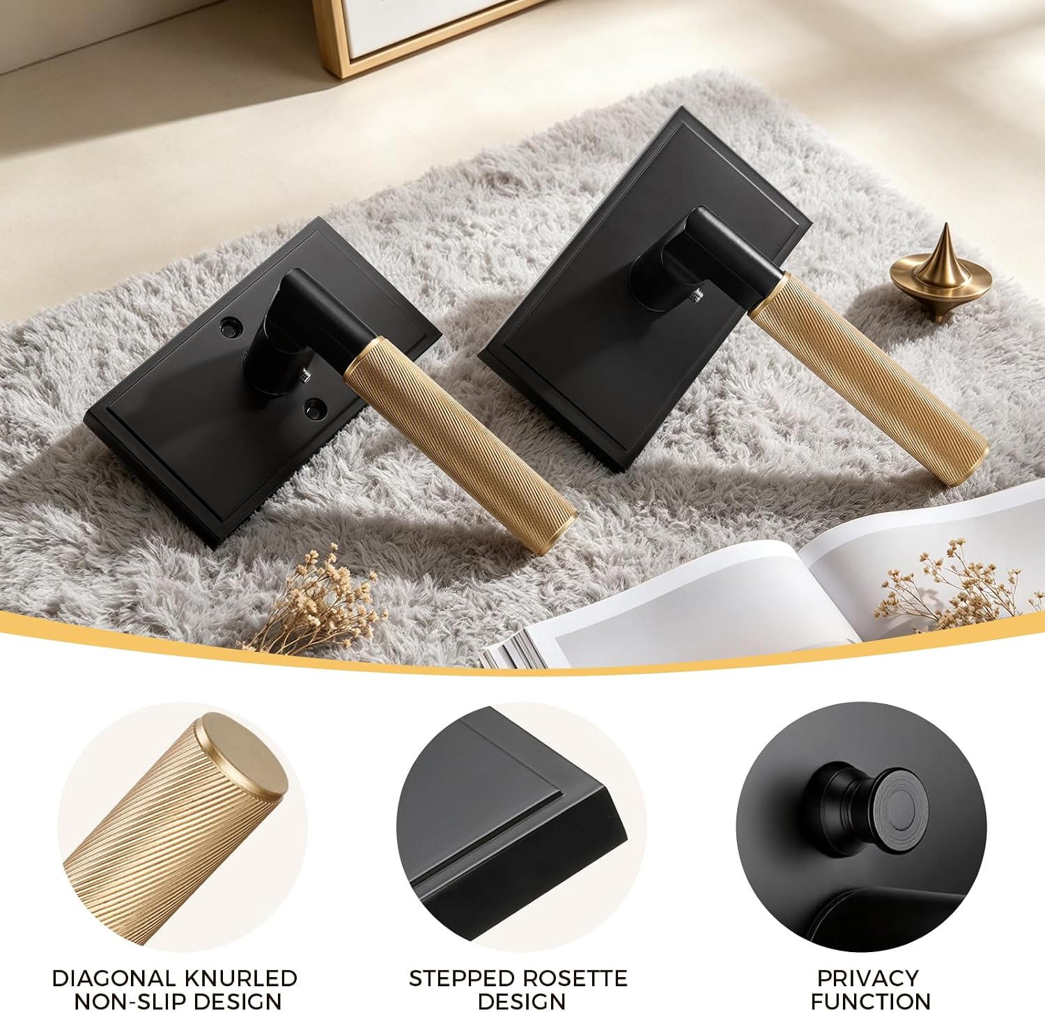 Knurled Matte Black & Brass Privacy Interior Door Lever | Modern Non Slip Grip Handle, Reversible Left Right, Easy Install, for Bedroom Bathroom Interior