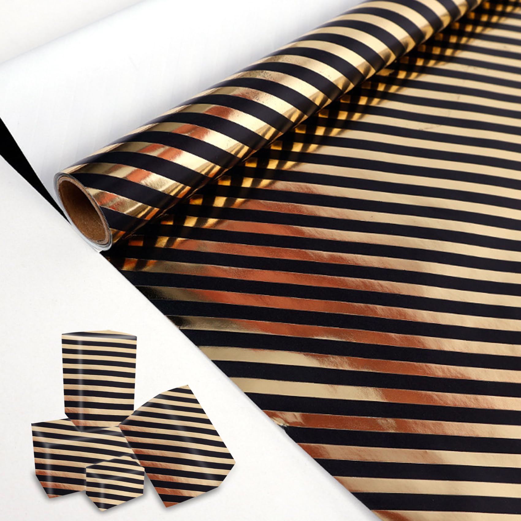 Black and Gold Wrapping Paper Roll 43cm× 3m, Luxury Birthday Wrapping Paper for Men, Birthday & Gift Wrap(Stripe) — image 1