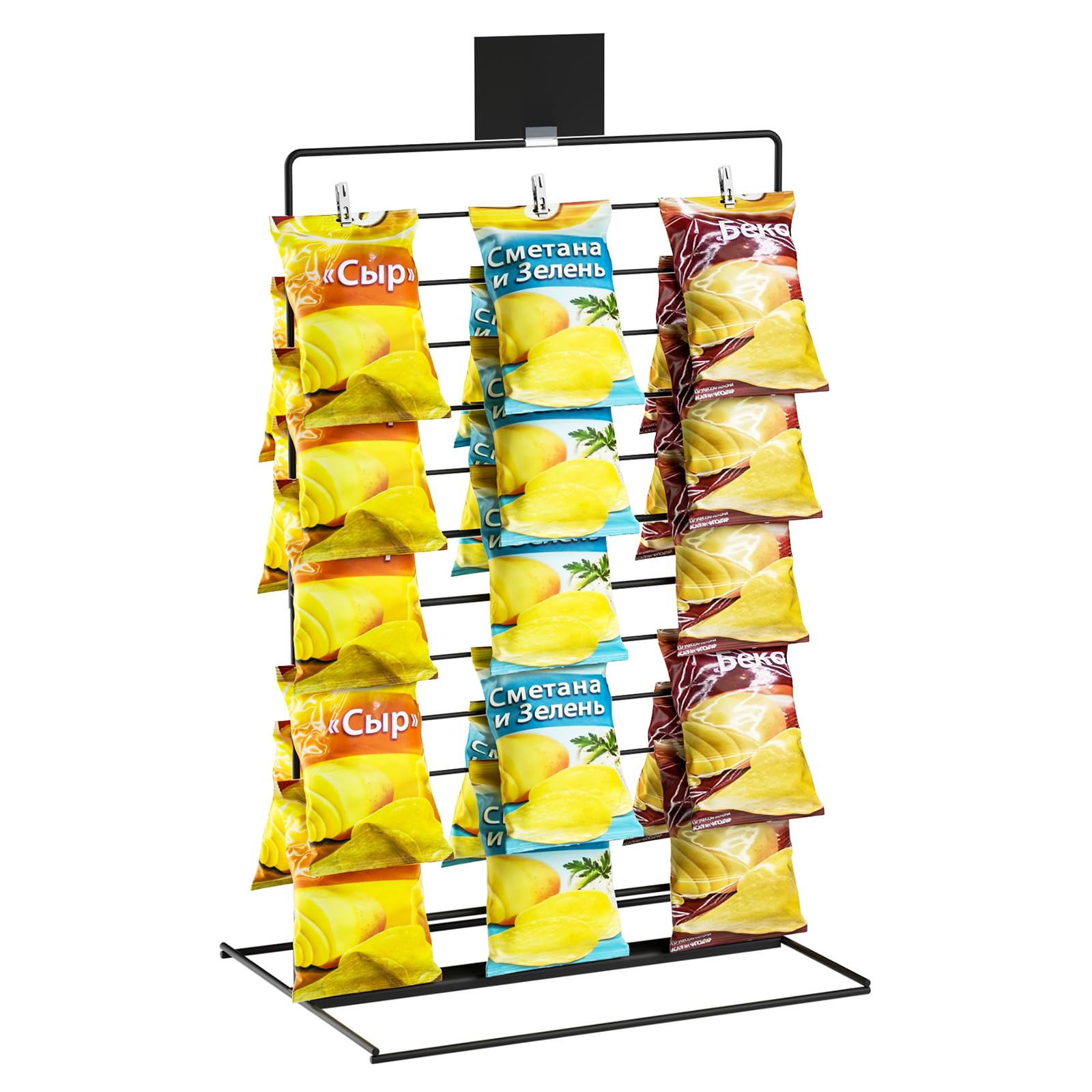 Potato Chip Rack - Chip Display Rack for Bagged Snack - Concession Stand Supplies for Store Display - Metal Snack Display Stand with 60 Clips on Party and Retail for Chip，Candy，Cookie