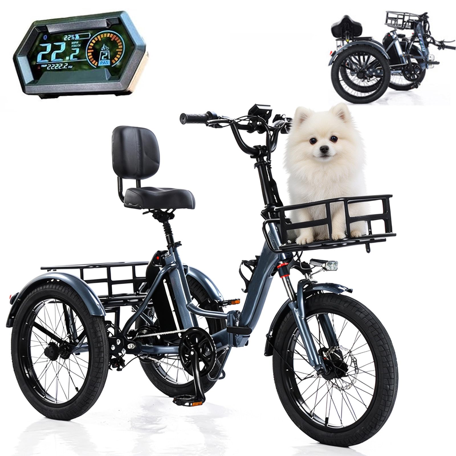 BuilfutenM Foldable Pedal Tricycle Adult Bike Fat Tyre with Cargo Basket Easy Climbing Load Capacitay Fat Tire for Adults,Comfortable Rides 20Inch-Grey