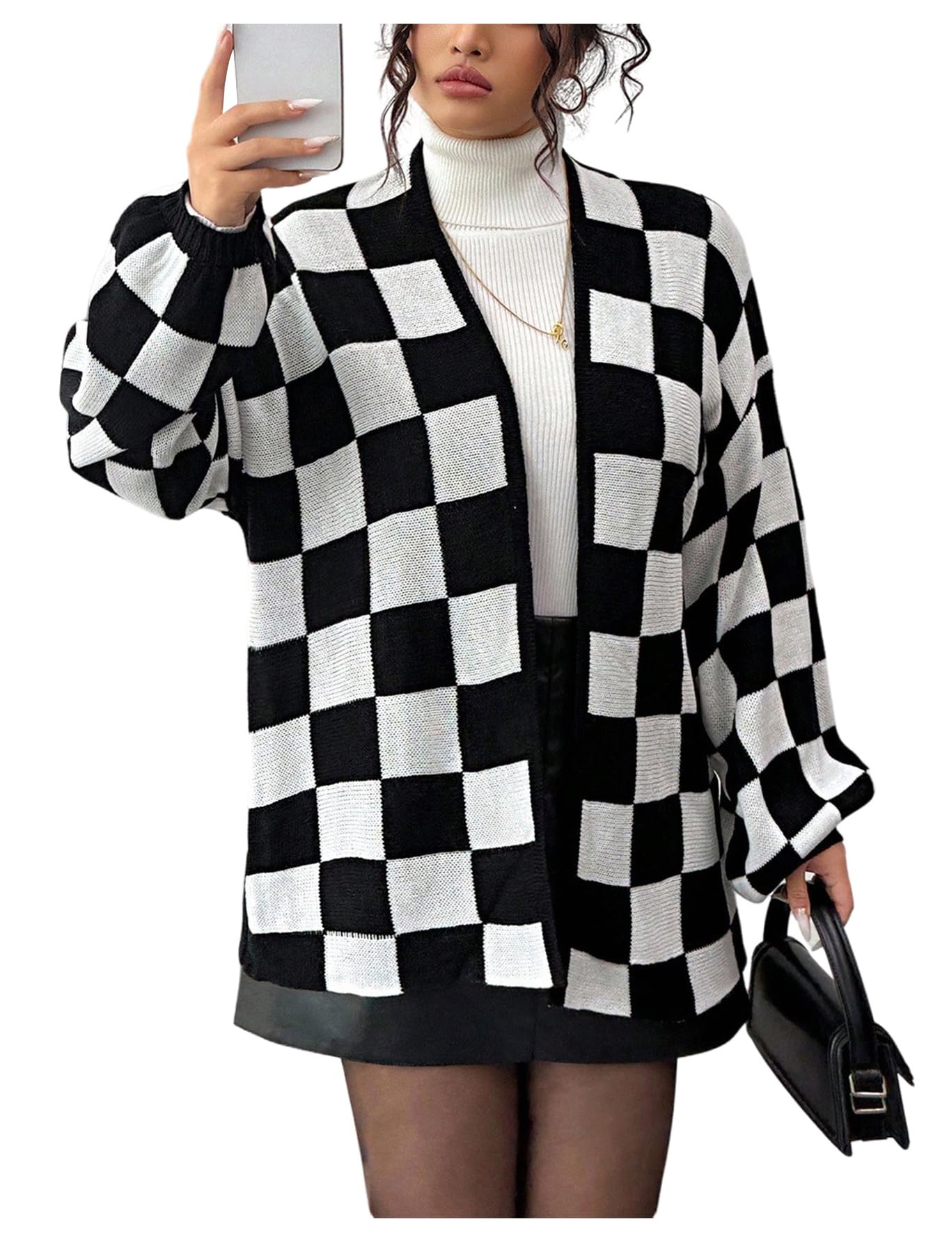 Verdusa Womens Plus Size Checkered Oversized Cardigan Lantern Sleeve Cozy Sweaters Fall Outerwear