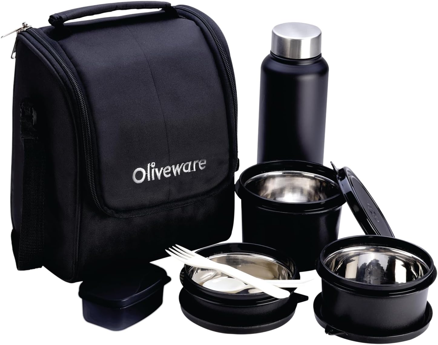 Oliveware Teso Lunch Box with Bottle Black | 3 Stainless Steel Containers and Pickle Box and Assorted Steel Bottle | Insulated Fabric Bag | Leak Proof Microwave Safe | Full Meal and Easy to Carry