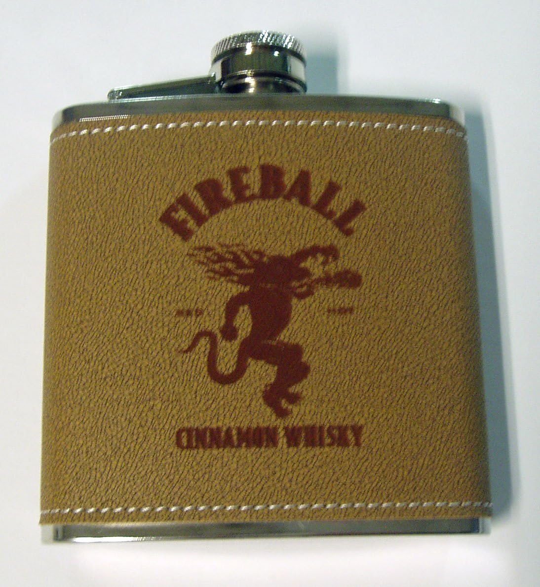 Fireball Whiskey Engraved Leather Covered Stainless Steel Flask with 4 shot glasses and a funnel in a black presentation box