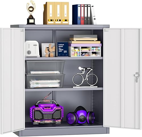 Miniatura 9 de Superday Armario de almacenamiento con cerradura, armarios de almacenamiento de garaje de 71 pulgadas con cerradura, gabinete de metal negro con 2