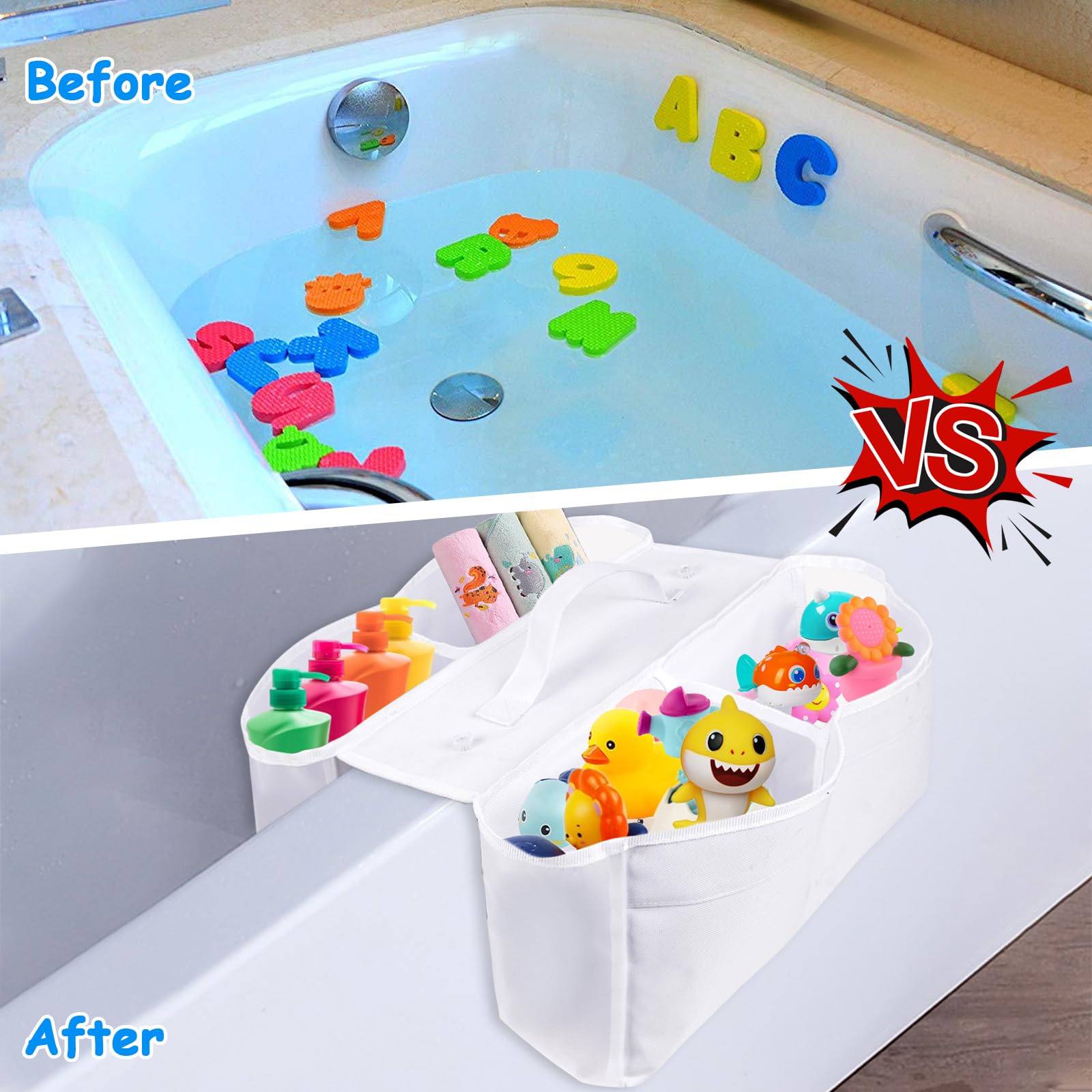 Organizador de almacenamiento de juguetes de baño, soporte grande de juguetes de baño de 4 compartimentos con ventosas, almacenamiento de juguetes para tina de desorden, soporte de juguetes de ducha 2