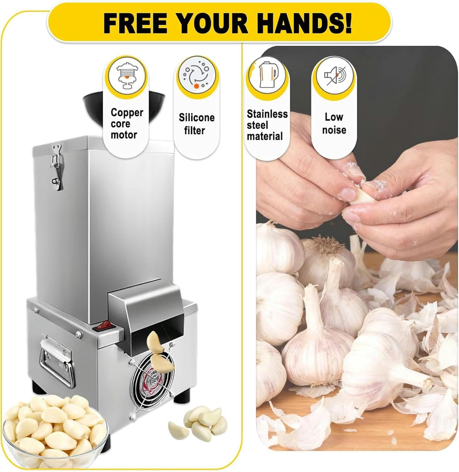 Electric Garlic Peeler Machine, 200 W Full-Automatic Stainless-Steel Commercial & Home Use, 25 Kg/H High Output
