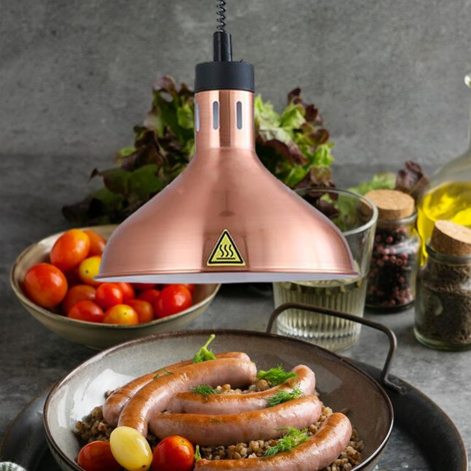 Lampada riscaldante per buffet con funzione estesa che mantiene il | caldo e per essere servito durante gli eventi. La lampada riscaldante per alimenti ha un diametro del paralume di 290 mm.