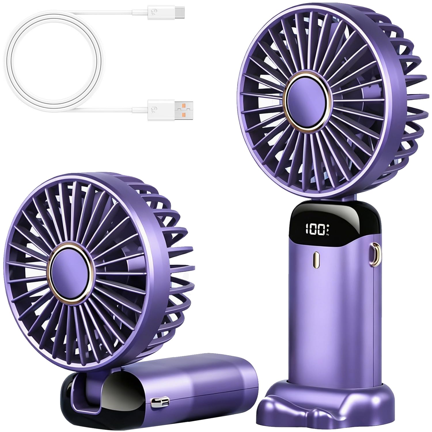 Hand Held Fan, Speed Portable Fan Portable Handheld USB Rechargeable Fans Foldable Desk Desktop Fans with LED Display Summer Outdoor Travel Essentials for Home Office Bedroom Outdoor Travel (Purple)