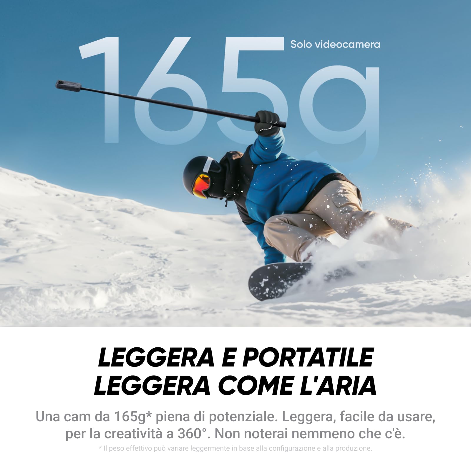 Insta360 X4 Air Pack Starter Nero grafite- Videocamera leggera 165g 8K 360, selfie stick invisibile, lenti sostituibili, prima registri poi inquadri, cover antivento integrata.