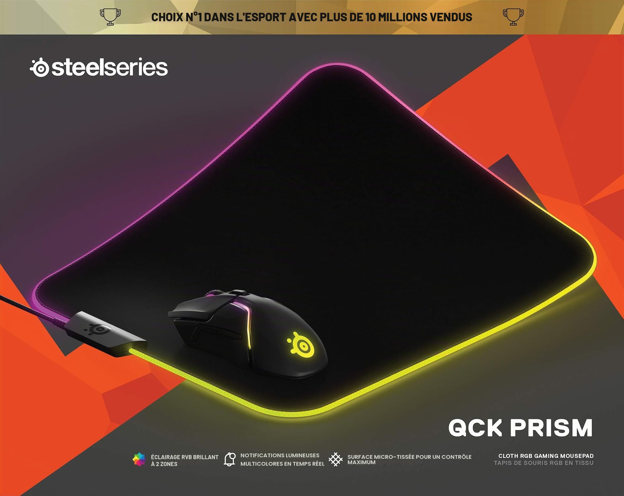 SteelSeries QcK Prism Cloth - Tapis de souris de jeu - Illumination RVB 2 zones - Éclairage d'événement en temps réel - Optimisé pour les capteurs de jeu - Taille M (320x270mm)