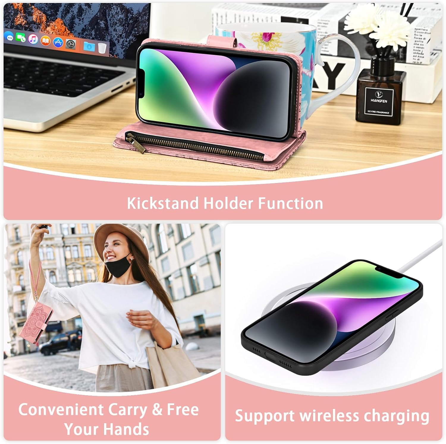 Asuwish Phone Case for iPhone 14 6.1 inch Zipper Wallet Detachable Cell Cover with Tempered Glass Screen Protector Crossbody Strap Flower Card Holder iPhone14 5G i i-Phone i14 14Case Women Rose Gold