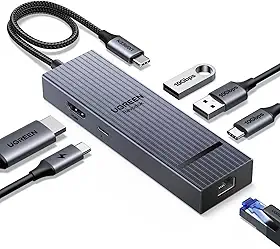 Hub USB C UGREEN Revodok Pro 6 em 1, Adaptador Ethernet Gigabit, HDMI 4K 60Hz, PD 100W, Portas USB 3.2, para Mac, iPad, iPhone