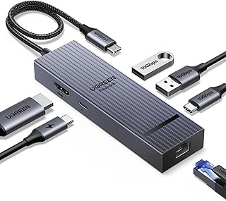 UGREEN Revodok Pro 6 em 1 USB C Hub, Adaptador Gigabit Ethernet com 4K 60Hz HDMI, 100 W PD, Portas de Dados USB A&C 3.2 de 10 Gbps Compatível com Mac M1/M2/M3, iPad, iPhone 16 Pro/Pro Max, Steam Deck