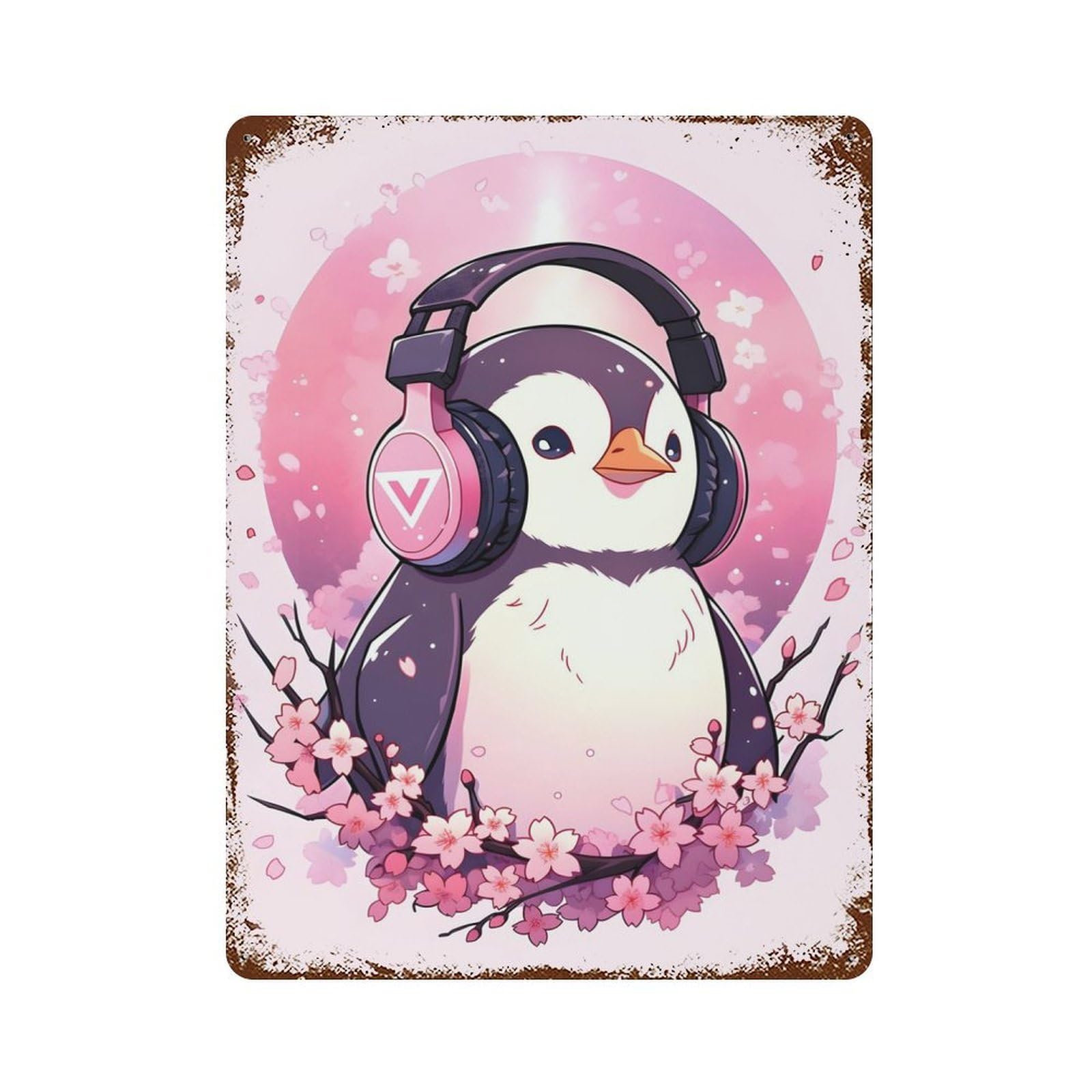 Garage Style Penguin Cherry Blossoms Rust Effect Tin Sign 15.7"x11.8", Industrial Home Decor for Bar And Workshop