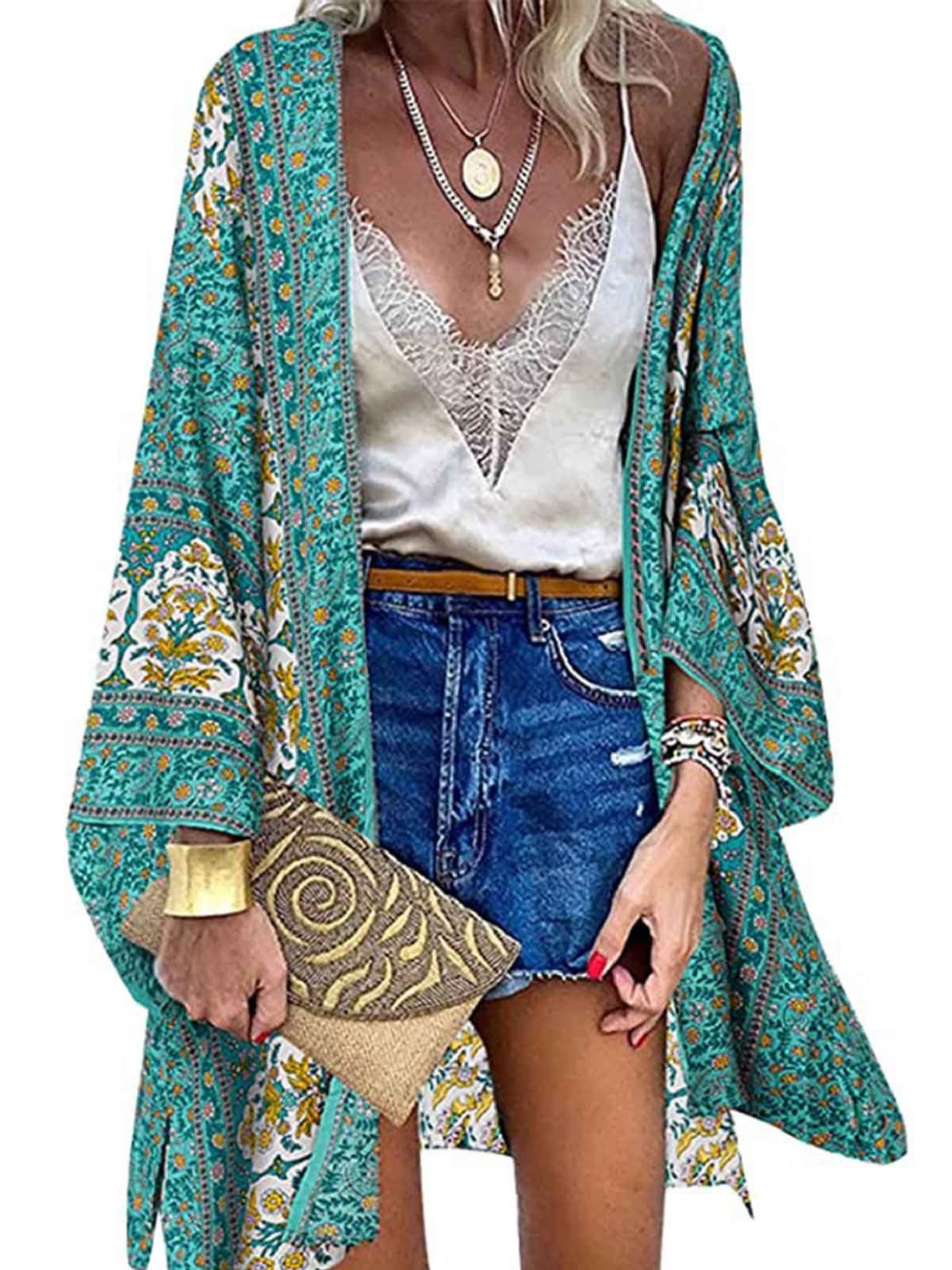 JoligiaoWomens Kimono Cardigans Summer Shawl Floral Print Open Front Bikini Cover Ups Chiffon for Women UK Loose Long Swimwear Cover Ups Blouse