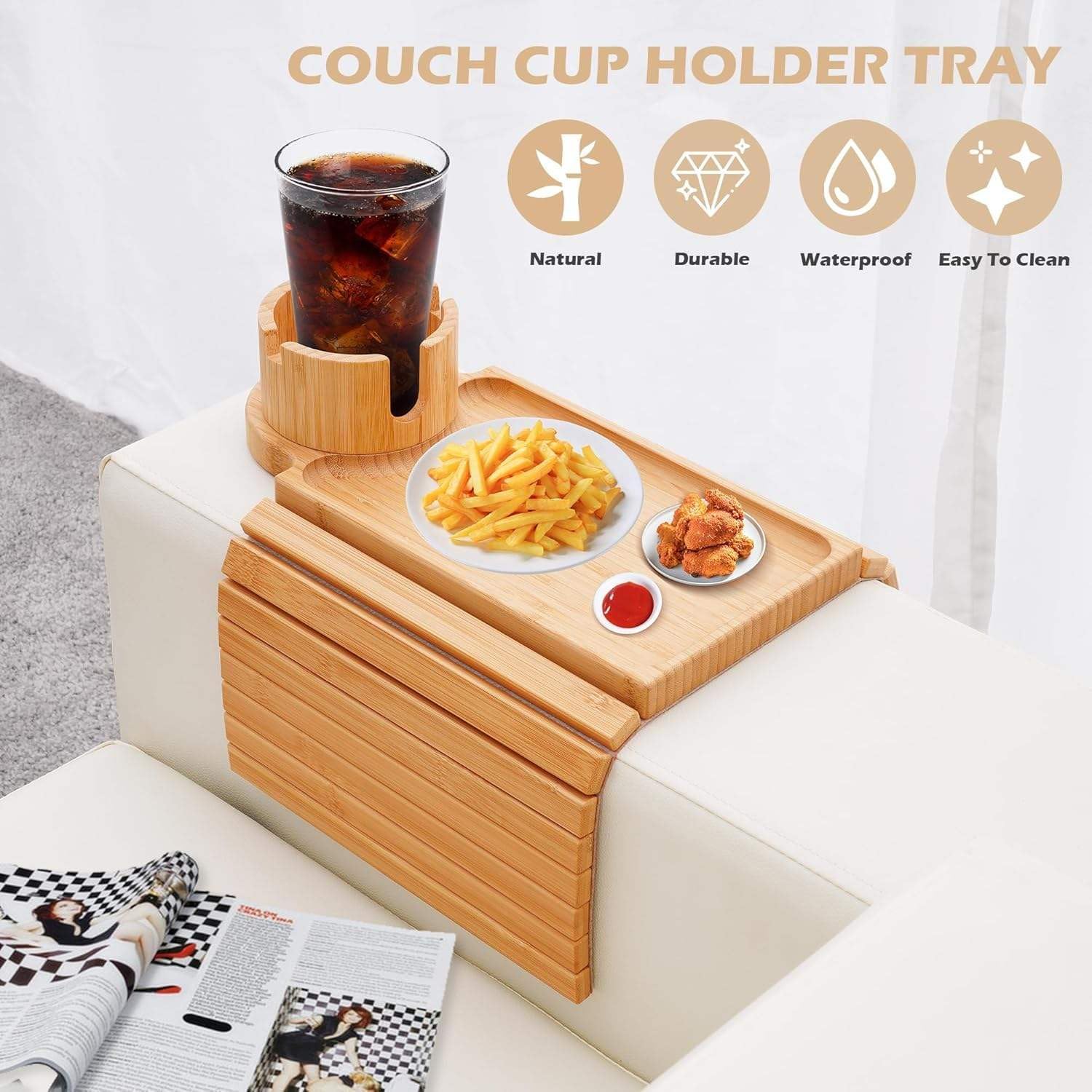 OMEO Couch Cup Holder Tray, 3 in 1 Couch Arm Trays – Large Bamboo Chair Arm Rest Tray with 360° Cup Holder | Removable Anti-Slip Organizer for Snack Eating