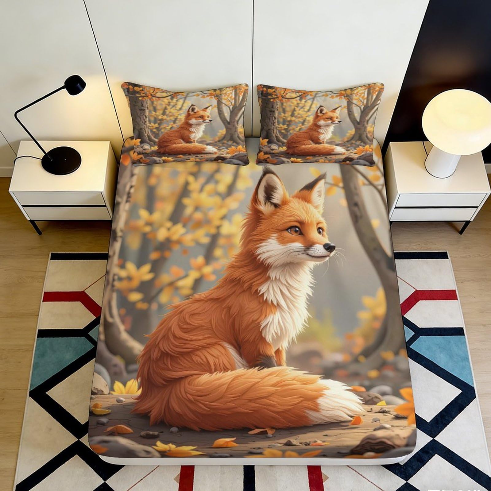 3D Printed Autumn Fox Fitted Sheet Microfiber Soft Breathable Woodland Bed Cover for Bedroom Dormitory Guest Room Mattress Protection Decor 90x200x25cm