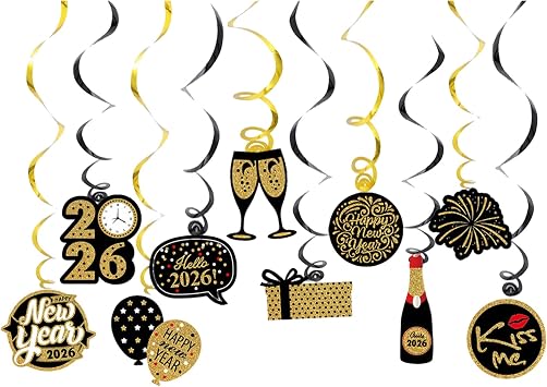 New Years Eve Decorations 2026, Happy New Year Decoration Swirl Streamers, 2026 New Year Party Banner Decor in Silver Gold Black Hollywood NYE Decorations, Photo Booth Props Accessories
