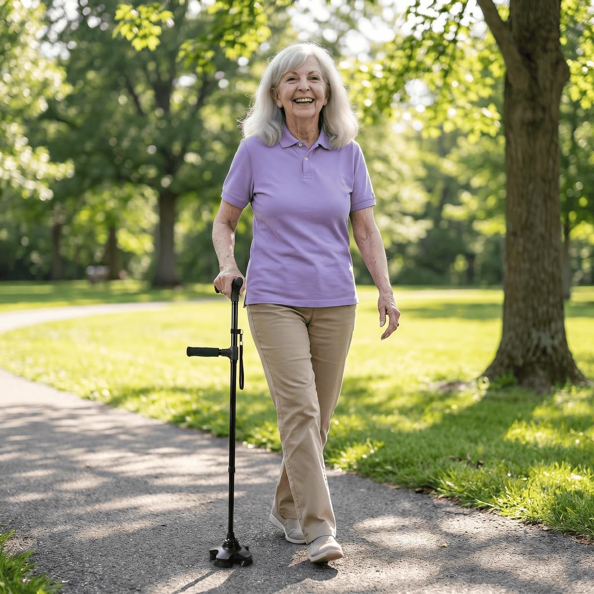 Canne De Soutien Astuvita Canne de Marche Ergonomique avec LED et Alarme, Double Poignée & Base Autoportante, Aide à la Mobilité Senior, Pliable Réglable Légère
