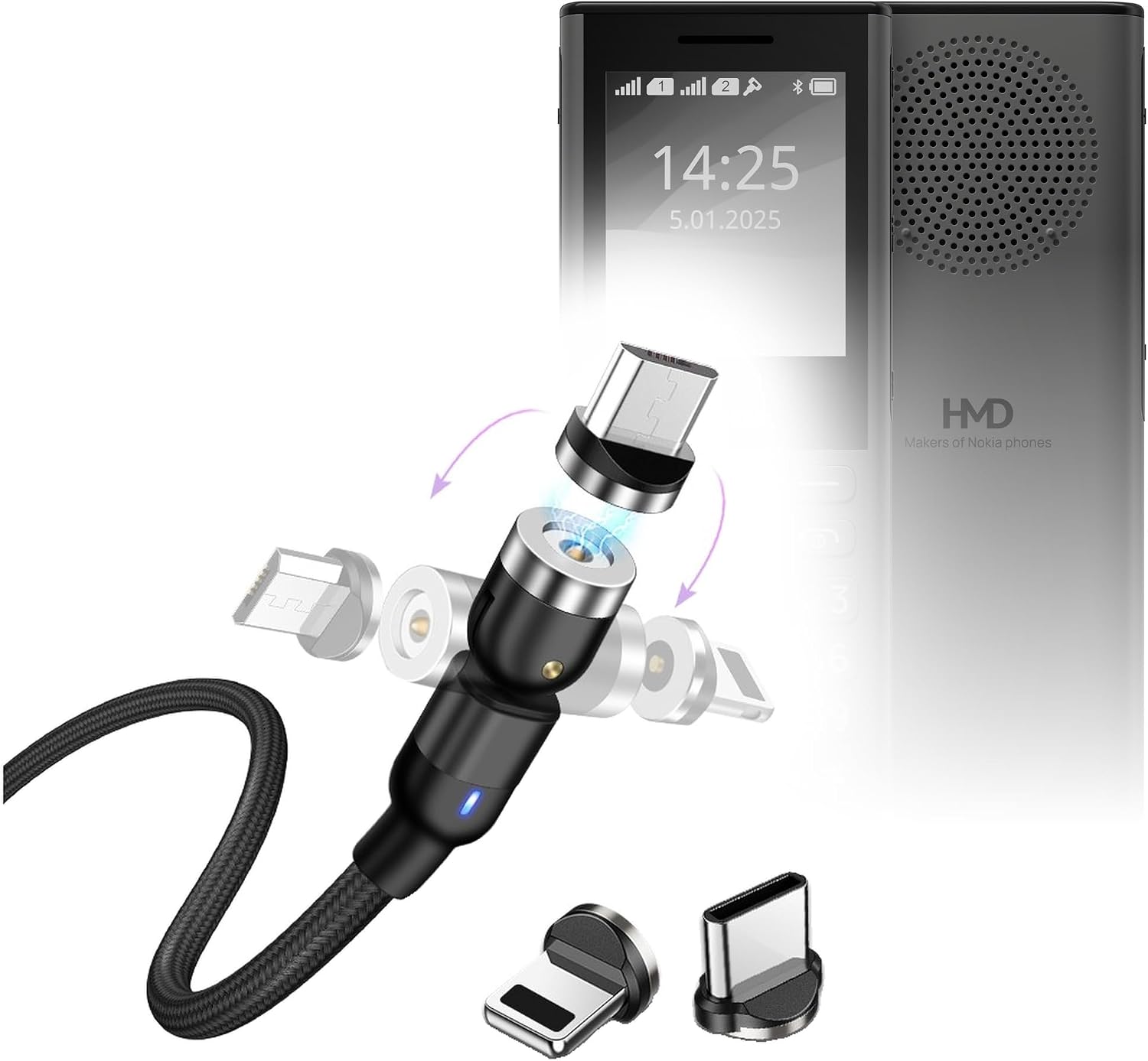 BoxWave Cable Compatible with Nokia 130 Music - MagnetoSnap AllCharge Cable, Magnet Charging Cable USB Type-C Micro USB - Jet Black