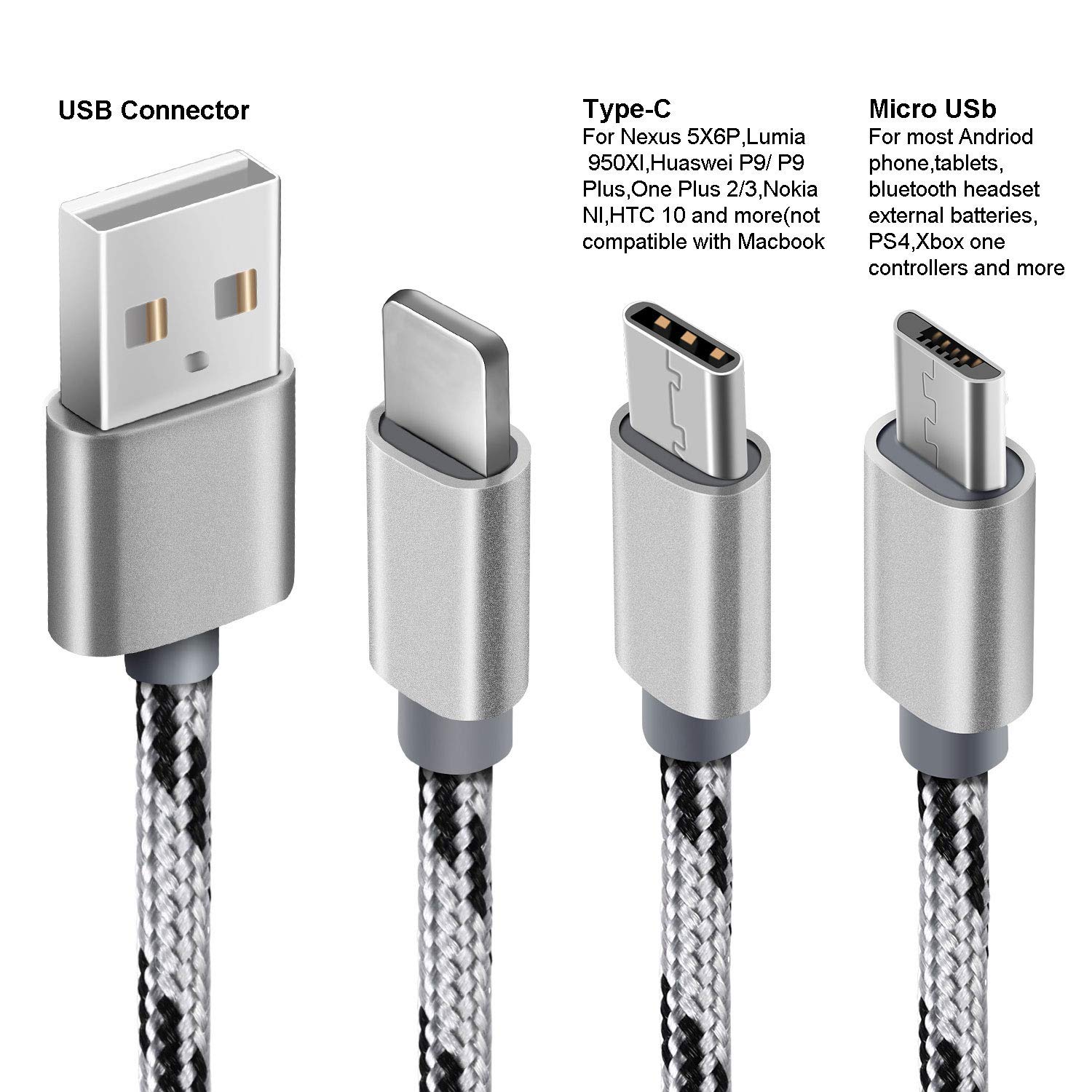 3Pack Multi Charging Cable, 1ft Multi Charger Cable Nylon Braided 3 in 1 Multiple USB Cable Adapter with Type-C, Micro USB Port Connectors for Cell Phones and More - Silver : Electronics