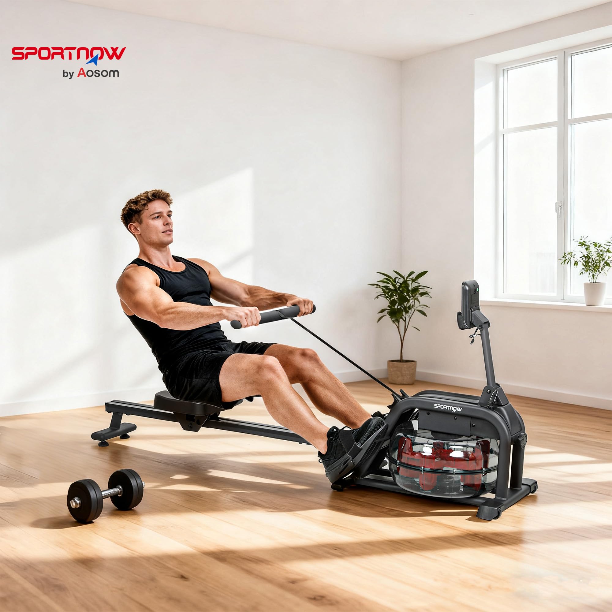 SPORTNOW Vogatore per acqua, vogatore per sollevamento sollevamento pesi, resistenza regolabile, serbatoio 6-11L, schermo LCD, supporto per tablet, seduta larga, deposito verticale, carico max.135 kg