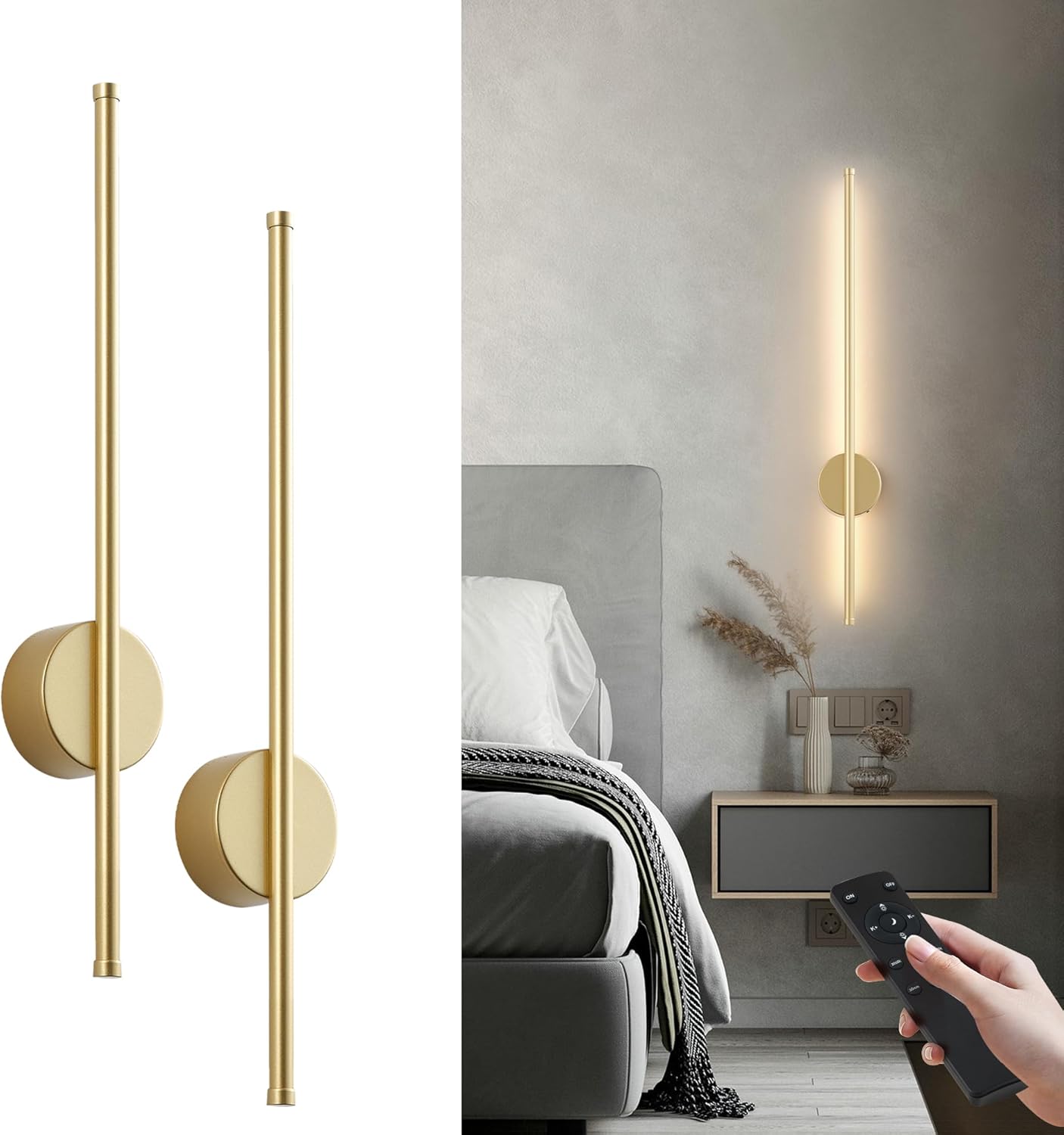 Battery Operated Modern Wall Sconces,Dimmable Wireless Wall Light Set of Two with Remote Control,3 Color Temperatures,Rechargeable LED Wall Sconce for Bedroom,Living Room,Hallway,23.6 Inch, Gold Gold 23.6 Inch
