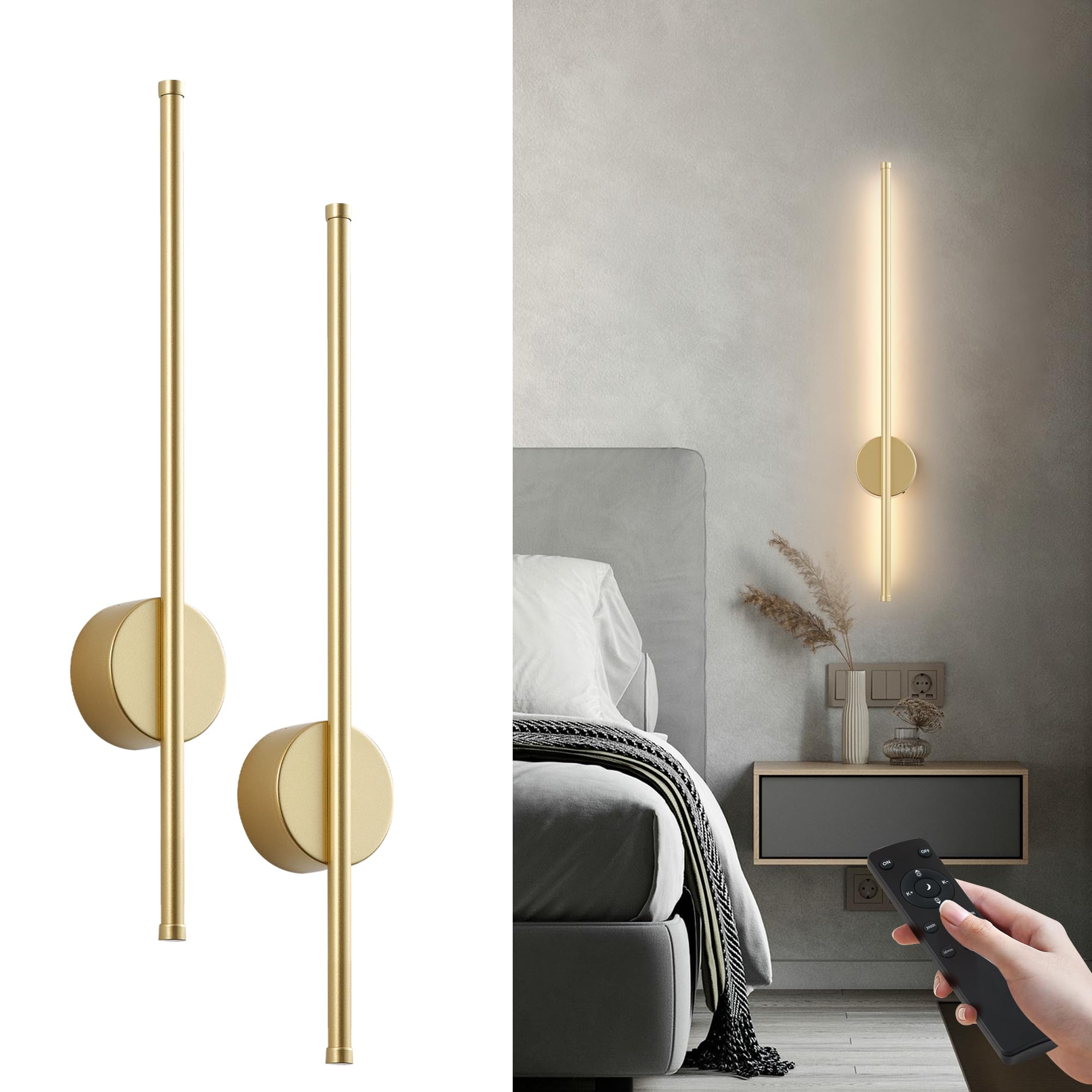 KARTOOSH Battery Operated Modern Wall Sconce Set of Two, 23.6 Inch Gold