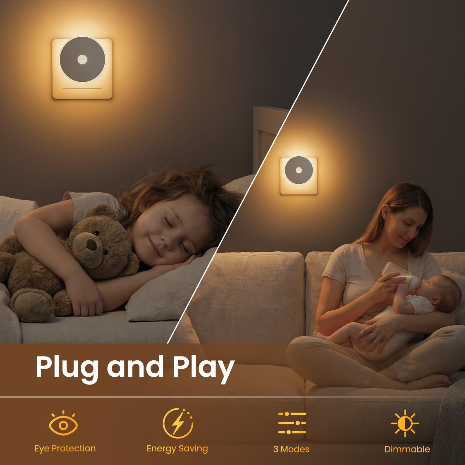 Luz Nocturna Infantil 2 Pcs, Luz LED Nocturna con Sensor de Movimiento, Lámpara de Noche Enchufable Brillo Ajustables, 3 Modos (AUTO/ON/OFF), Luz Noche para Niños/Escaleras/Dormitorio- Blanco Cálido