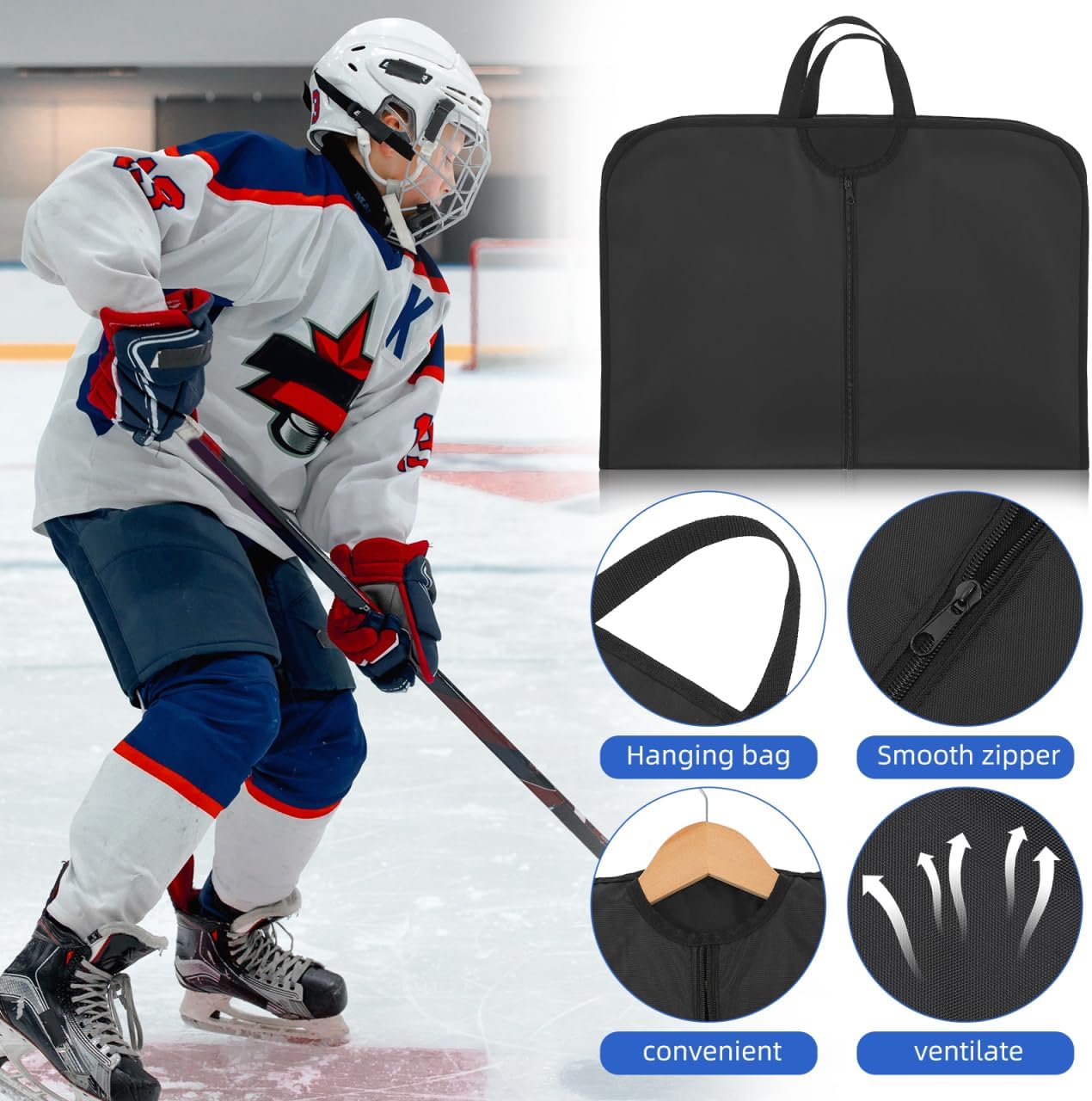 1 Pc Ice Hockey Garment Bag - Breathable Hanging Jersey Cover Foldable Suit Organizer for Closet Storage Travel for Men Youth Black 35.76 x 23.58 In