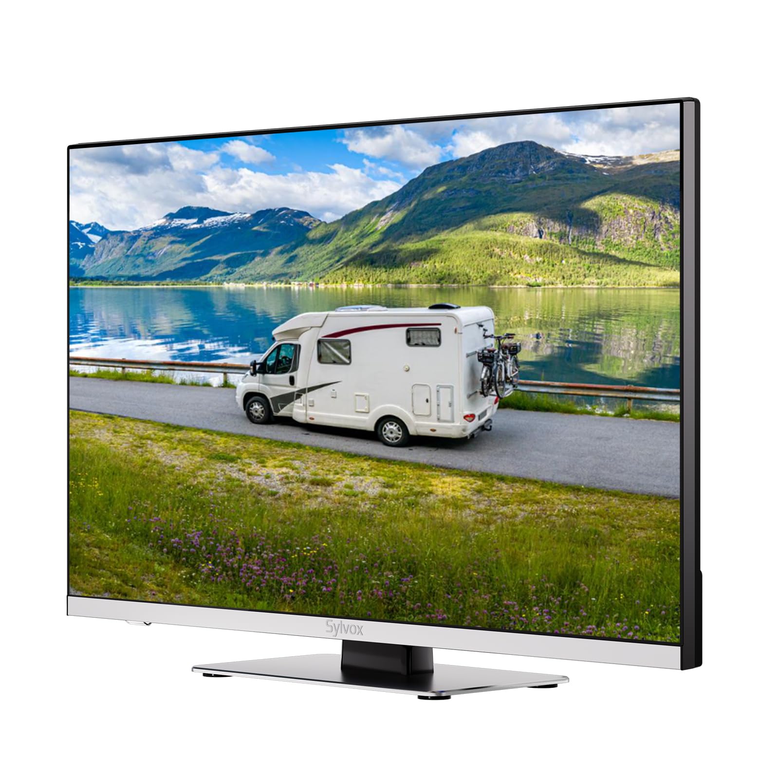 SYLVOX 24" (60 cm) Google TV Smart do Kamperów - 1080p, Wbudowany Odtwarzacz DVD, Bezramkowy, Adapter telewizyjny 12 V, Potrójny Tuner DVB-T2/S2, USB, HDMI, Idealny do Autokarów/Ciężarowych