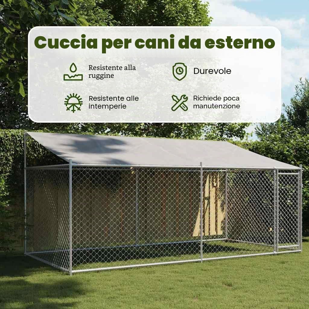 vidaXL Gabbia Cani con Tetto e Porta Grigia 4x2x2 m in Acciaio Zincato