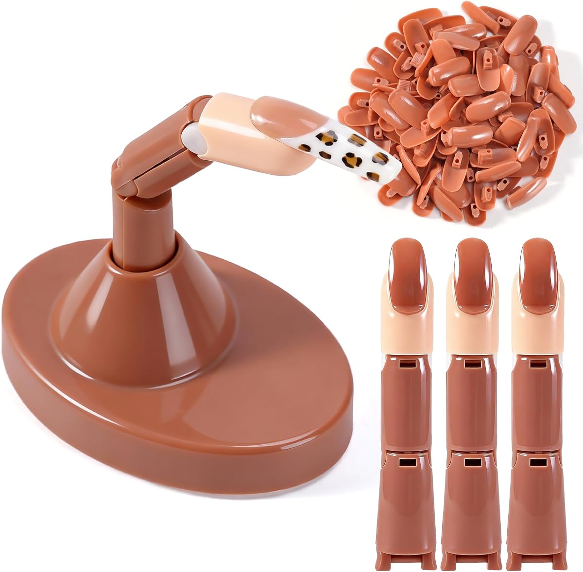 Practice Finger for Acrylic Nails, 3PCS Adjustable Nail Practice Hand Finger with Base Stand and 100PCS Brown Nail Tips, Practice Hand for Home Salon DIY Beginner(Brown)