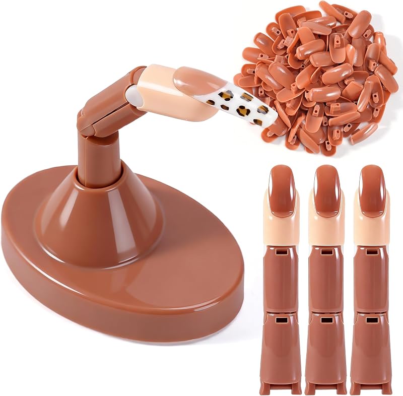 Practice Finger for Acrylic Nails, 3PCS Adjustable Nail Practice Hand Finger with Base Stand and 100PCS Brown Nail Tips, Practice Hand for Home Salon DIY Beginner(Brown)