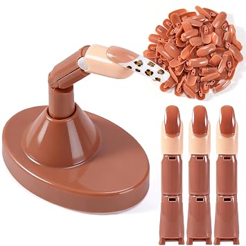 Practice Finger for Acrylic Nails, 3PCS Adjustable Nail Practice Hand Finger with Base Stand and 100PCS Brown Nail Tips, Practice Hand for Home Salon DIY BeginnerBrown